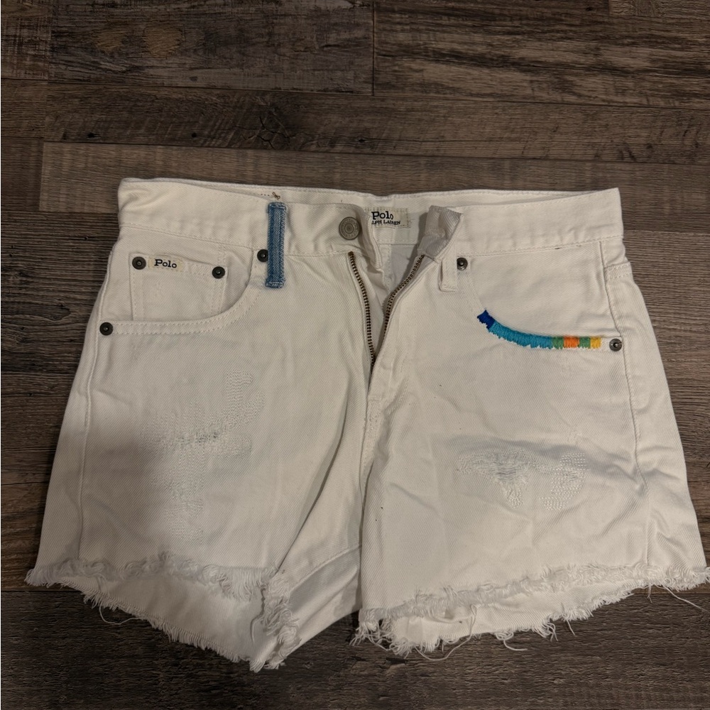 Polo by Ralph Lauren White and Blue Jean Shorts Frayed Hem